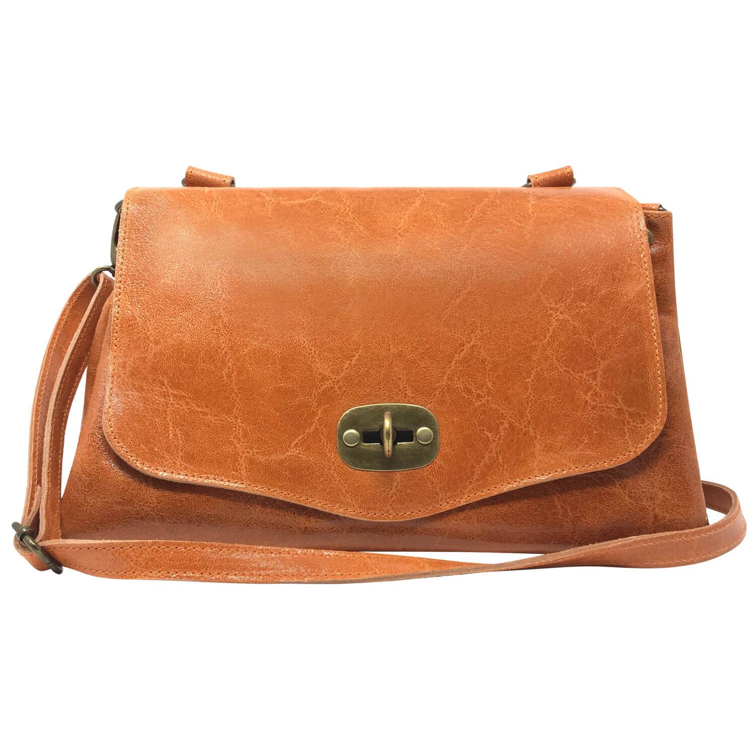 Borsa Donna a Mano con Tracolla, In Vera Pelle, Made in Italy, Arancione